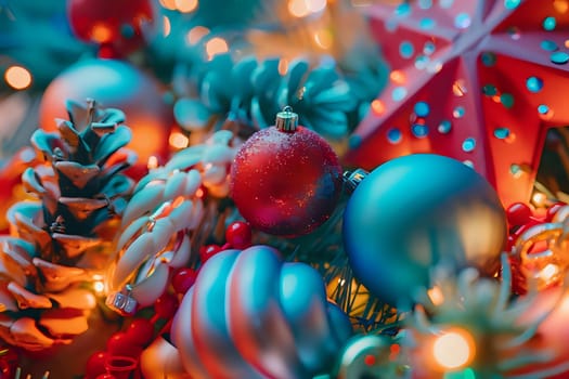 Decorative Festive Ornaments Gleam with Bright Lights, Creating a Dazzling Holiday Atmosphere. Teal and Red Baubles Adorn the Festive Scene with Sparkling Accents.