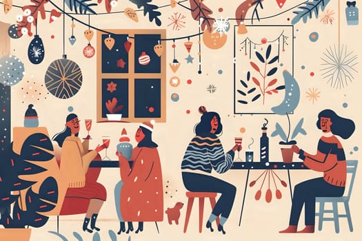 Cozy Winter Gathering: Friends Enjoying Festive Drinks and Conversation with Ornaments and Plants in a Warm Room, Celebrating the Holiday Season with Cheerful Atmosphere.