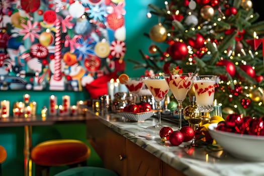 Festive Cocktails: Delicious Holiday Drinks Garnished with Red Fruit and Gold Accents, Served in Elegant Martini Glasses at a Christmas Bar Setting with a Festive Theme.