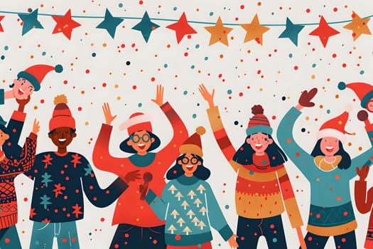 Celebrate Festive Cheer: Friends Joyfully Gathering for a Winter Holiday Celebration, Sharing Laughter and Merriment Under a Shower of Confetti and Starry Decorations.  A Vibrant Winter Holiday Scene Filled with Festive Spirit and Unforgettable Moments.
