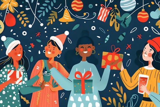 Celebrating Festive Cheer: Women Exchange Gifts and Share Drinks During a Joyful Holiday Gathering, Embracing Winter Traditions with Warmth and Laughter.
