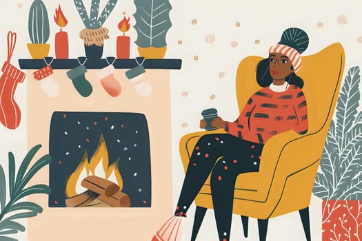 Cozy Winter Scene: Woman Relaxes by Fireplace with Warm Drink, Enjoying Festive Season Ambiance and Serene Atmosphere.  A Relaxing Holiday, Indoor Comfort and Peace.