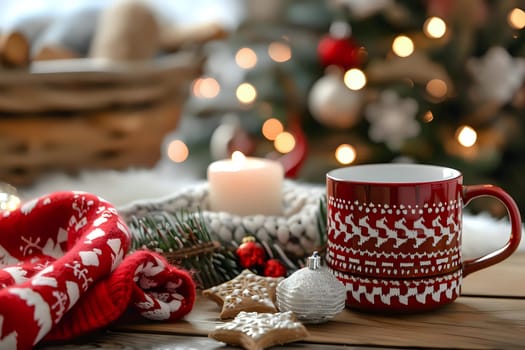 Cozy Winter Holiday: A Warm Drink by the Christmas Tree, Enjoying Festive Treats and Decorations.  Candles Glow, Creating a Serene Atmosphere  Soft Knitwear Adds to the Comfort, Embracing the Season's Joy.