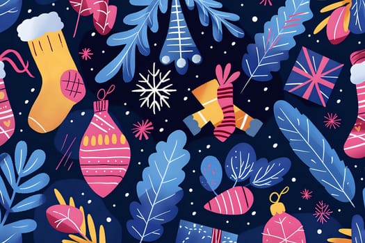 Delightful Festive Socks, Ornaments, and Gifts: A Winter Holiday Pattern Design Featuring Abstract Blue Leaves, Pink and Yellow Accents, and Sparkling Snowflakes for a Joyful Celebration.