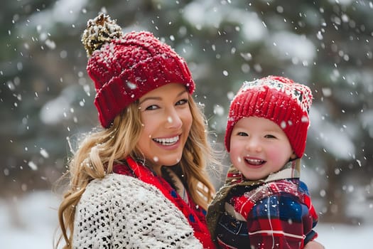 Winter Wonderland: A Mother and Child Embrace in the Falling Snow, Sharing Joyful Moments During a Snowy Day.  Celebrating Family Bonds Amidst Festive Red Hats and Winter's Beauty.