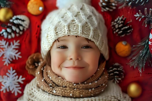 A Child's Joyful Smile Amidst Winter Wonderland Decorations: Festive Cheer, Knitted Hat and Scarf,  Cozy Atmosphere, Christmas Ornaments, Pine Cones, and Snowflakes.