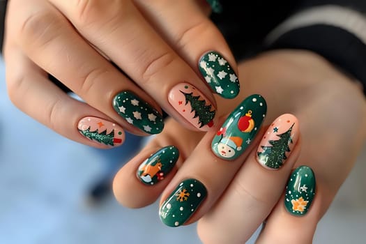 Winter Nail Art Designs: Festive Green and Peach Manicure Featuring Christmas Trees, Snowflakes, and Snowman for Holiday Cheer  Elegant and Creative Nail Designs Showcase Artistic Talent.