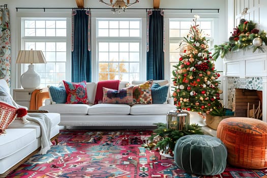 Decorating a Living Room for the Holidays:  A Festive Arrangement of Pillows, Throws, and a Christmas Tree, Adorned with Ornaments and Garland, Showcases a Vibrant Holiday Interior Design Scheme.