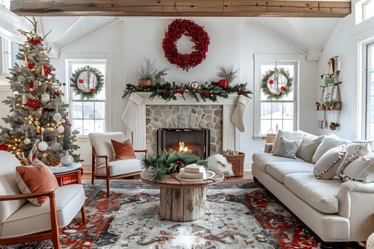 Decorating a Living Room for Christmas: Festive Arrangements with a Cozy Fireplace, Christmas Tree, and Mantle Decorated with Wreaths and Greenery.  Stylish Home Interior Design with Red and White Accents Creates a Warm and Inviting Atmosphere for the Holiday Season.