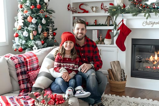 Father and Daughter Celebrate Festive Season: Cozy Winter Wonderland, Christmas Decorations, Family Togetherness, Red and White Theme, Joyful Holiday Spirit, Warm Fireplace Glow, Happy Smiles, Red Hats, Festive Apparel, Christmas Tree Ornaments, Home Interior Design, Plaid Shirts, Family Bonding, Winter Clothes, Holiday Cheer, Festive Gathering, Festive Atmosphere, Cozy Living Room, Winter Holidays, Christmas Spirit, Family Love, Holiday Traditions, Happy Family, Holiday Memories, Quality Family Time, Cherishing Moments, Family Portrait, Child's Smile, Father's Love, Festive Clothing, Home Decor, Seasonal Decorations, Winter Season, Christmas Eve,  Christmas Morning, Family Fun, Winter Fun, Holiday Photo Shoot, Holiday Lifestyle, Family Time, Christmas Celebration, Holiday Season, Christmas Tree, Christmas Lights,  Fireplace, Winter Comfort, Holiday Togetherness, Festive Background, Cozy Atmosphere, Warmth and Comfort, Festive Spirit, Family Connection.