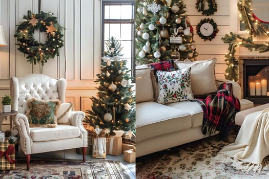 Decorate Your Home for the Holidays: Creating a Cozy and Festive Christmas Atmosphere with Ornaments, Wreaths, and Elegant Furniture in a Stylish Living Room Setting, Featuring a Plush Sofa and Comfortable Armchair.