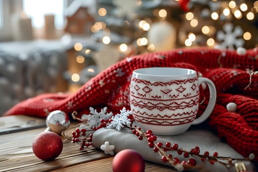 Cozy Winter Mug with Festive Decorations on Wooden Table near Christmas Tree Lights  Warm Holiday Drink in Red and White Knitted Blanket Setting, Embracing Winter Spirit.