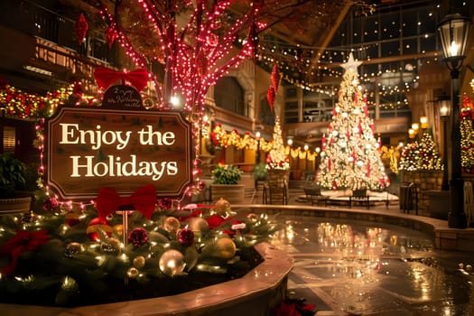Enchanting Holiday Decorations Illuminate Festive Nightscapes: Sparkling Lights, Ornate Trees, and Gleaming Ornaments Adorn Winter Wonderland Settings, Creating Magical Ambiance for Seasonal Celebrations.