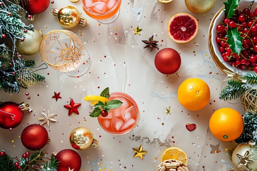 Festive Citrus Cocktails: A Sparkling Christmas Celebration with Refreshing Drinks and Ornaments.  Enjoy Holiday Cheer with Icy Beverages, Garnishes, and Festive Decorations.