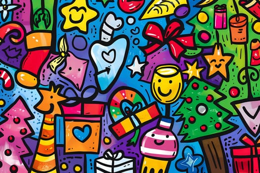 Vibrant Holiday Doodle Art: Festive Symbols and Cheerful Characters Dance Joyously Across a Canvas of Whimsical Designs, Celebrating the Spirit of the Season with Bold Colors and Playful Imagery.