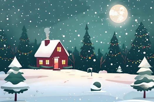 Cozy Cabin in Snowy Winter Wonderland: Festive Lights Adorn Christmas Trees Under a Full Moon, Creating a Magical Holiday Scene with Footprints in the Snow.