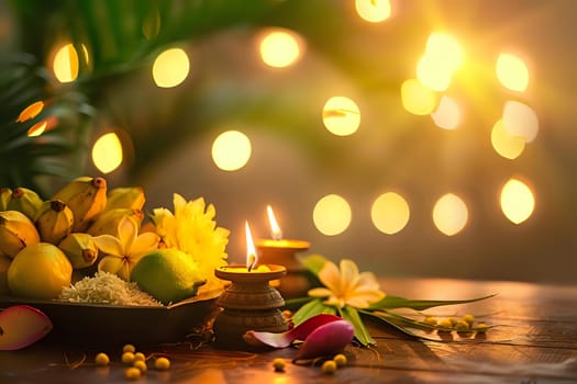Illuminated Still Life: Bananas, Lemons, Flowers, and Candles Glowing Softly in a Serene Setting, Evoking Tranquility and Warmth.
