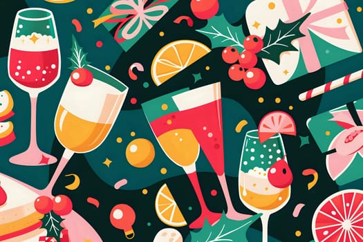 Celebrate Festive Cheer:  Holiday Drinks, Gifts, and Citrus Fruits in a Vibrant, Illustrated Design, Perfect for Winter Celebrations and Holiday Greetings. Delightful Cocktails and Sweet Treats for a Joyful Season.