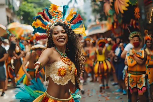 Vibrant Carnival Dancer in Colorful Costume Performs Energetically During Festive Parade, Showcasing Traditional Dance Moves with Grace and Enthusiasm in a Lively Street Celebration.