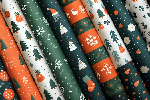 Discover Festive Holiday Designs:  Orange and Green Christmas Wrapping Papers Featuring Snowflakes, Trees, and Ornaments  Delightful Winter Patterns for Gift Wrapping and Festive Decor.