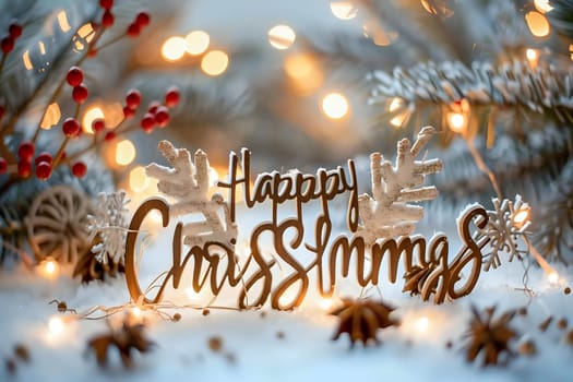 Winter Wonderland: Festive Lights Illuminate Wooden 'Happy Christmas' Sign Adorned with Snowflakes and Berries, Creating a Magical Holiday Atmosphere.