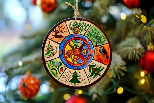 Hand-painted Wheel of the Year Ornament: Depicting Seasonal Changes with Festive Symbols and Nature Scenes, Adorning a Christmas Tree with Whimsical Charm.