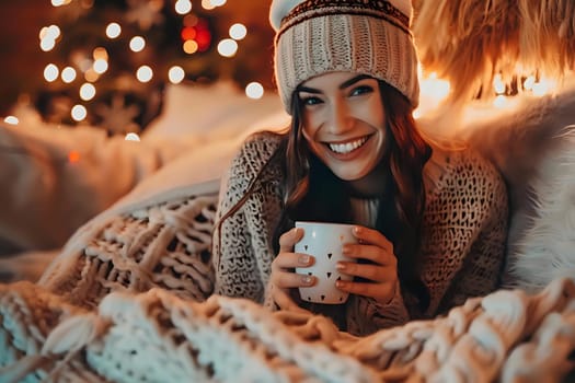 Cozy Winter Night: Woman Enjoys Warm Drink Under Festive Lights, Embracing Hygge and Relaxation in Soft Blanket.
