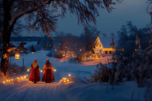 Winter Wonderland Path: Two Figures Walk a Snowy Trail Lit by Lanterns, Passing a Festive House Adorned with Lights, Creating a Magical Evening Scene.
