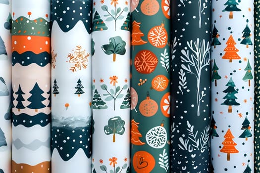 Discover Festive Winter Wonderland Designs: Elegant Christmas Trees, Ornaments, and Snowflakes on Wrapping Paper Rolls, Perfect for Holiday Gifting and Decorating, Showcasing Unique Artistic Styles with Bold Colors and Patterns.