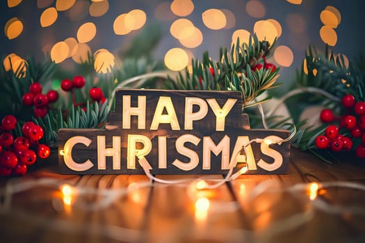 A Festive Illuminated Sign Displays Happy Christmas Greetings with Warm Lights and Evergreen Branches, Embellished with Red Berries, Creating a Cheerful Holiday Atmosphere.