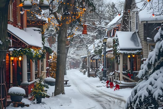 Winter Wonderland: Snowy Street Scene with Festive Lights, Decorations, and a Christmas Atmosphere, Creating a Magical Holiday Village Ambiance.