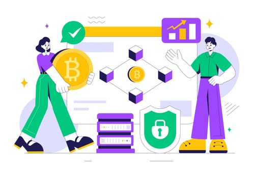 Blockchain Vector Illustration featuring a Tech Architect working at a Computer with Crypto Community Management, and Cube Blocks in the Background