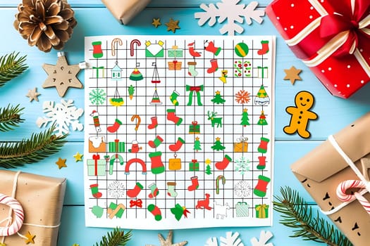 Find the Matching Christmas Icons in this Festive Holiday Grid Puzzle: A Spot-the-Difference Challenge for the Whole Family, Perfect for Wintertime Fun and Festive Activities.
