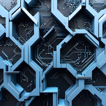 interlocking geometric shapes that morph into circuits
