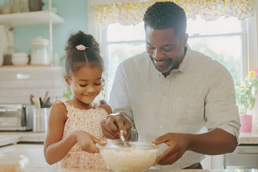 A father and daughter share a joyful cooking activity at home. They mix ingredients in a bowl together, creating a delightful atmosphere filled with laughter and bonding.
