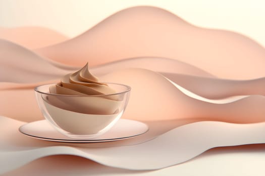 Mocha mousse dessert sits elegantly in glass bowl surrounded by soft pastel waves of color. The creamy dessert embodies warmth and invites sense of tranquility. 17-1230 Mocha Mousse color of the year