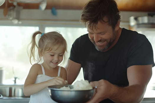 A father and daughter are joyfully preparing a meal in a bright kitchen. The child stirs a bowl of steaming rice while the father smiles, creating a warm moment of connection and teamwork.