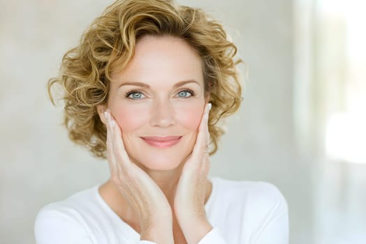 Woman 45 years old with curly hair gently touches her face with both hands, exuding confidence and calm. Serene atmosphere ideal for relaxation and self-care. Face care, skin care for aged women