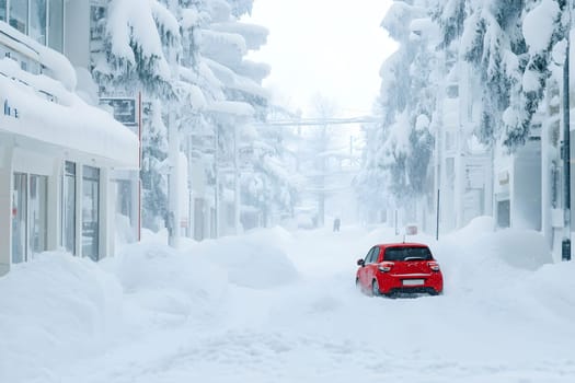 Small red car attempts to make its way down a street heavily covered in snow. Red car stuck in heavy snow in winter street