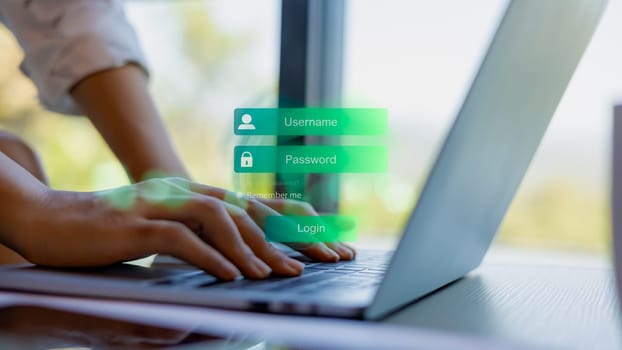 Business woman type a text at login window, Cybersecurity concept Global network security technology, Secure access to user personal information, Secure Internet access, Cybersecurity.