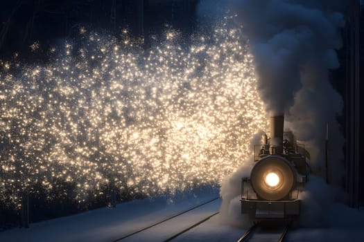 Vintage steam locomotive emerges dramatically from a dark, surrounded by a spectacular explosion of sparks and thick steam, illuminating the scene with a magical glow.