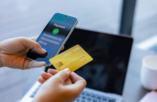 Online banking transaction concept, Woman with credit card using smart phone and shopping online, Ecommerce and secure mobile banking concept, Making online payments.