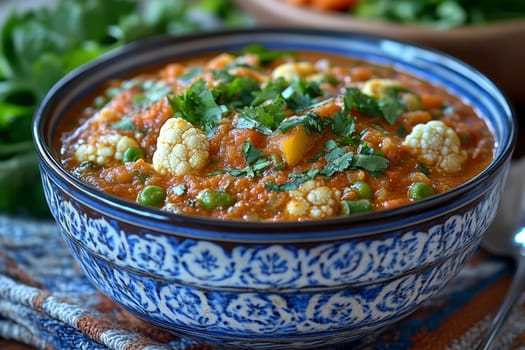 vegetable curry featuring cauliflower, broccoli, okra, carrots, and aubergines. AI generative.