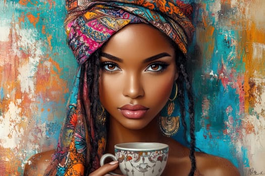 Beautiful African-American woman with an elaborate scarf on her head, holding a cup of coffee in her hand. AI generative.