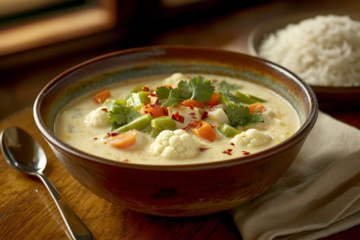 vegetable curry featuring cauliflower, broccoli, okra, carrots, and aubergines. AI generative.