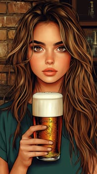 A woman styled in the 1950s holding a glass of beer. Vintage poster. AI generative.
