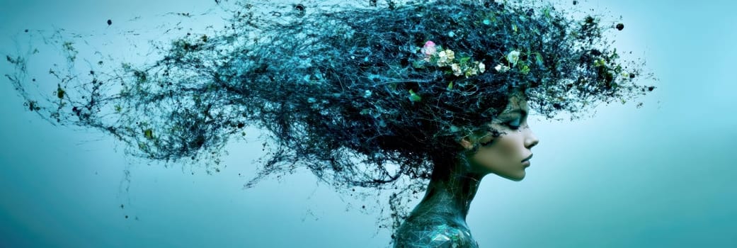 Portrait of a woman in avant-garde dress and integrated flowers, AI generative.
