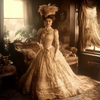 elegant woman from the Victorian era standing in a richly decorated parlor. AI generative.