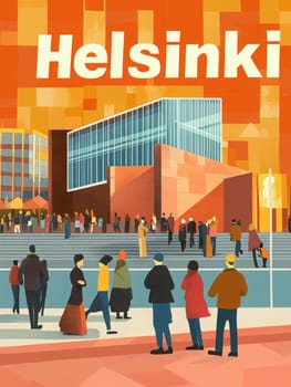 A lively view of Helsinki featuring a crowd of people enjoying a sunny day near modern buildings. Colorful architecture creates an inviting atmosphere, perfect for social gatherings.