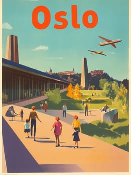People stroll through a vibrant park in Oslo, surrounded by contemporary buildings and greenery. Bright skies and craft planes overhead create a lively atmosphere, perfect for leisure.